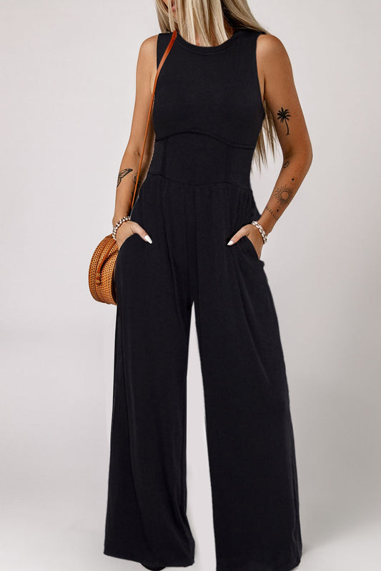 Black Sleeveless Cinched Waist Wide Leg Jumpsuit Plus Size JT's Designer Fashion