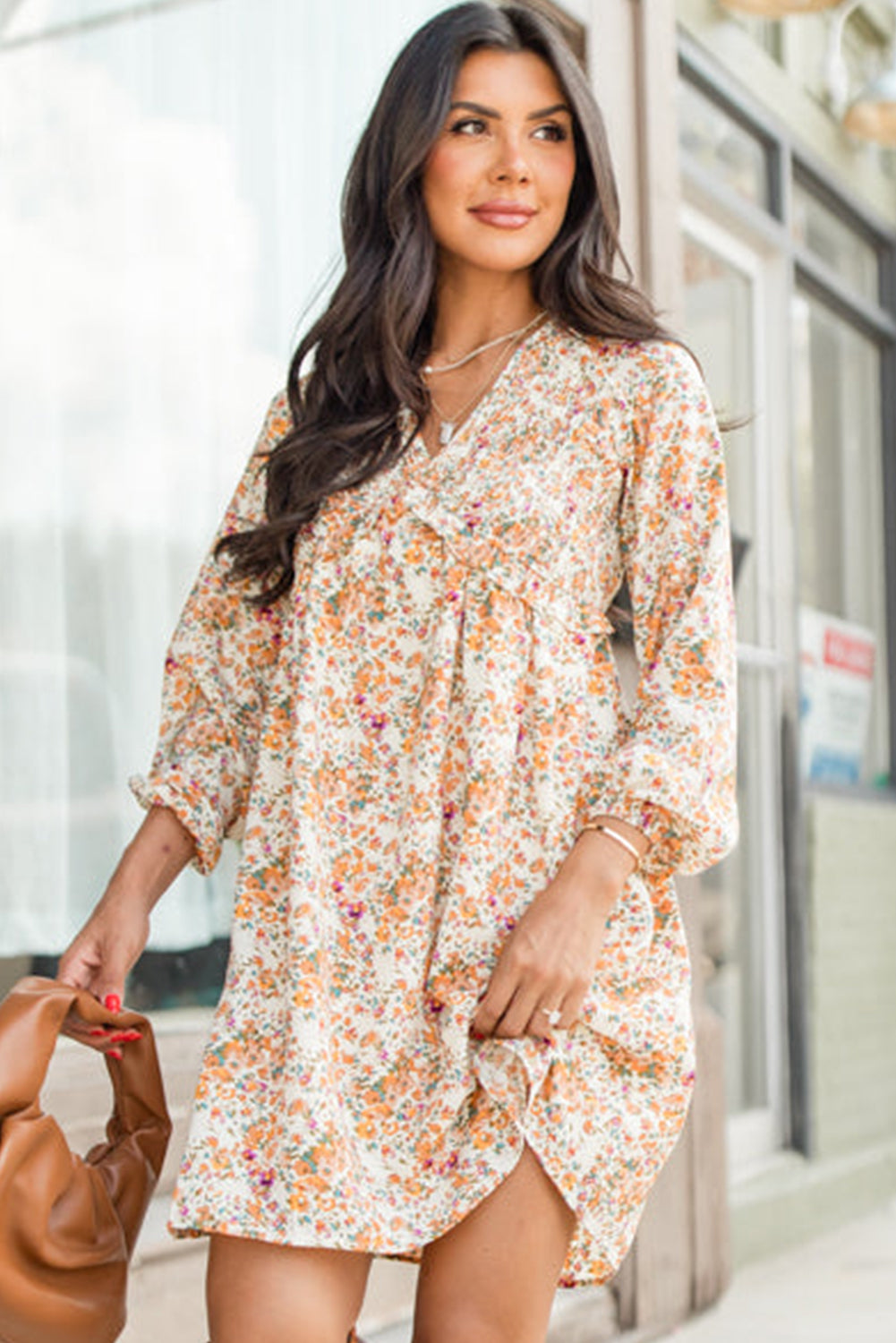 Yellow Boho Floral V Neck Ruffled Empire Waist Long Sleeve Mini Dress Floral Dresses JT's Designer Fashion