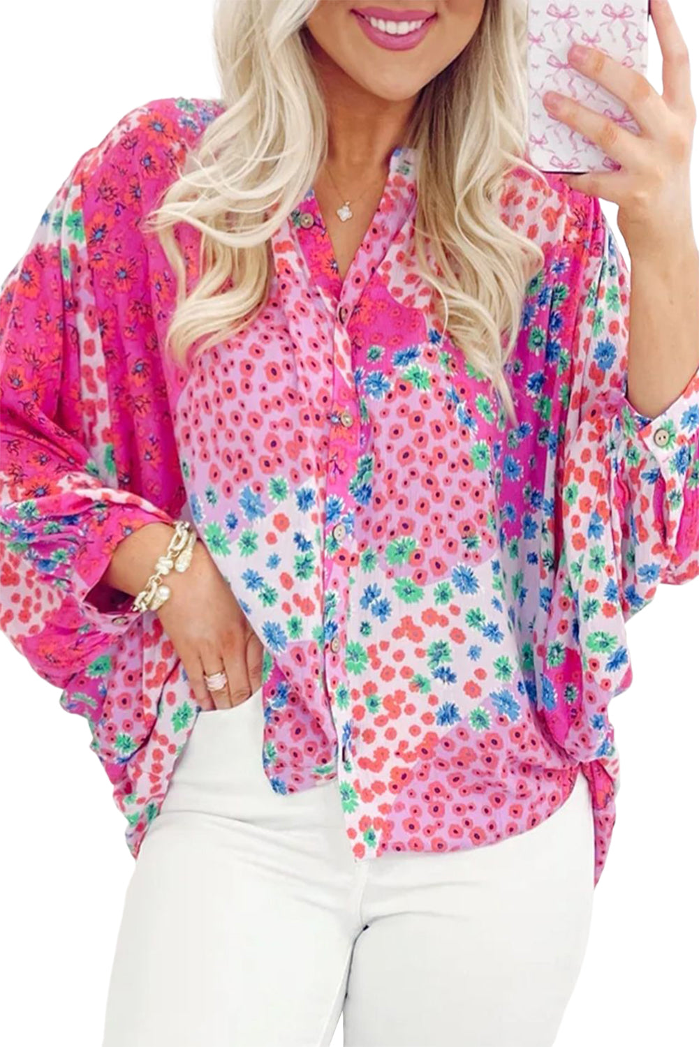 Rose Red Floral Allover Print Buttoned V Neck Oversized Shirt Blouses & Shirts JT's Designer Fashion