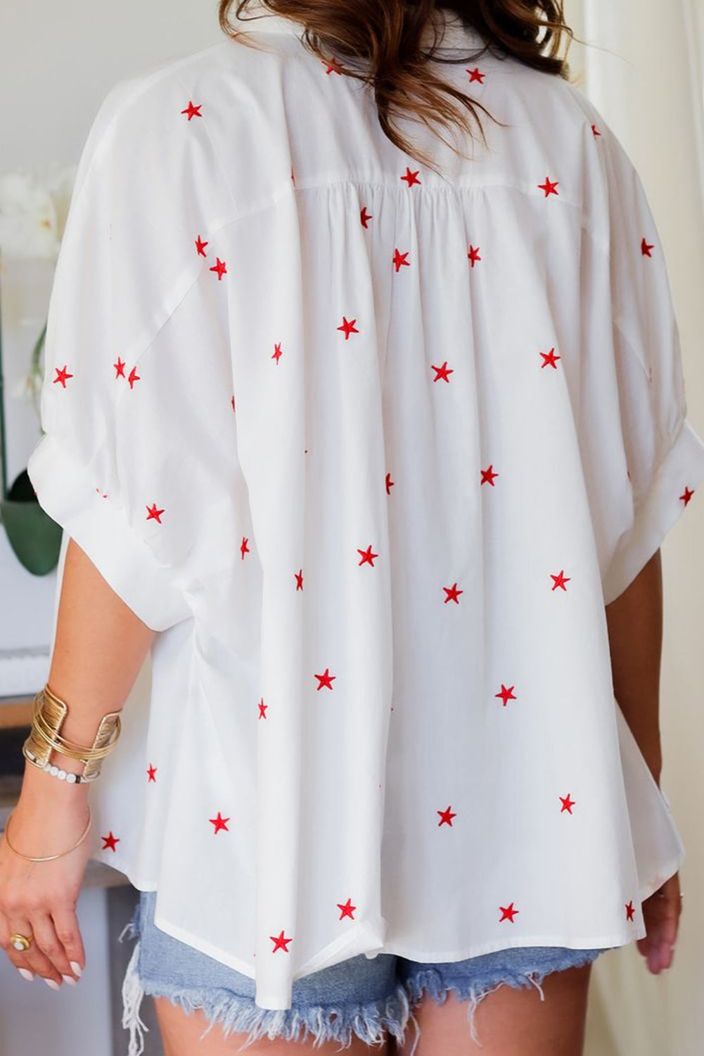 White Red Little Stars Printed Loose Half Sleeve Shirt Pre Order Tops JT's Designer Fashion