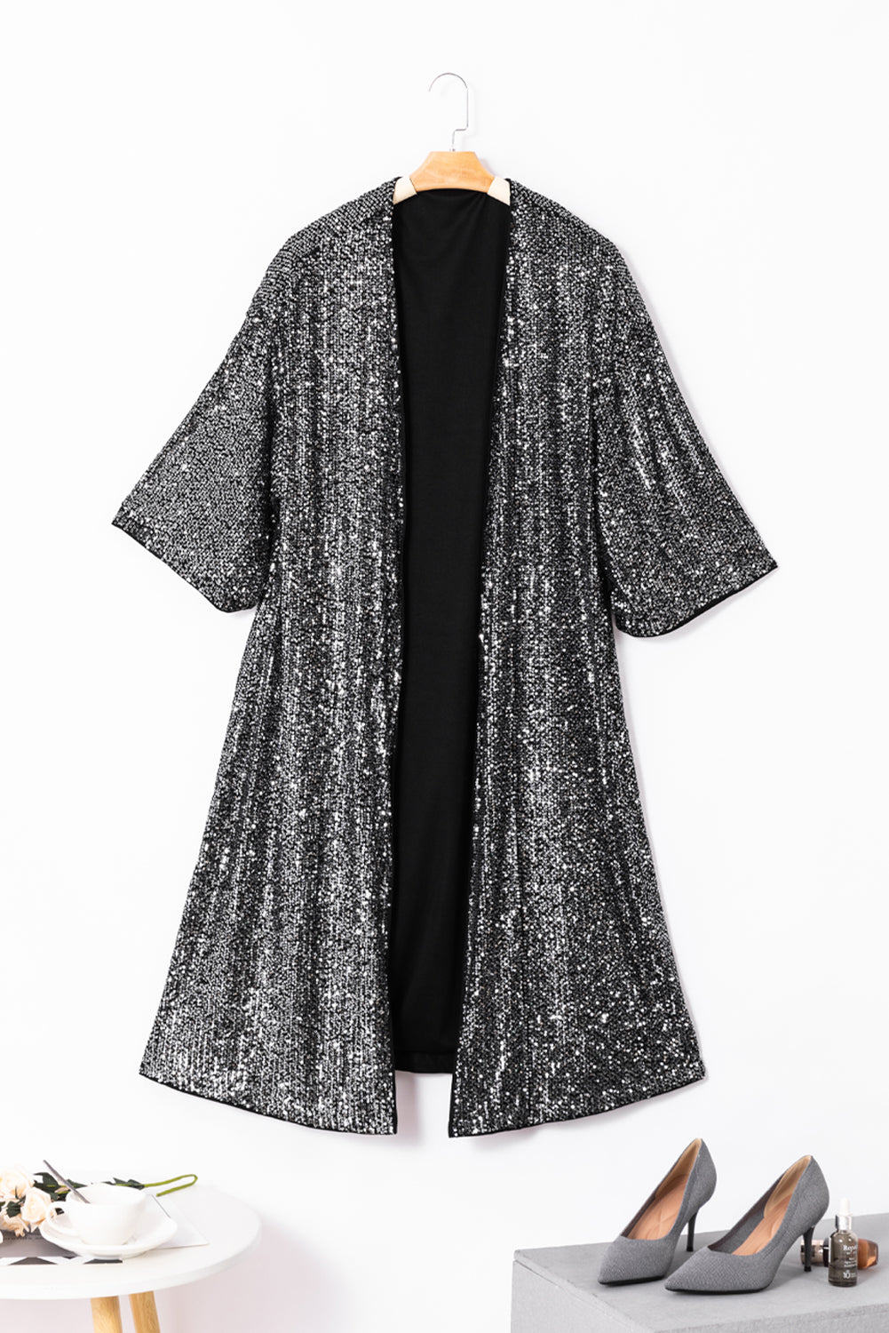 Silvery Sequin 3/4 Sleeve Kimono Kimonos JT's Designer Fashion