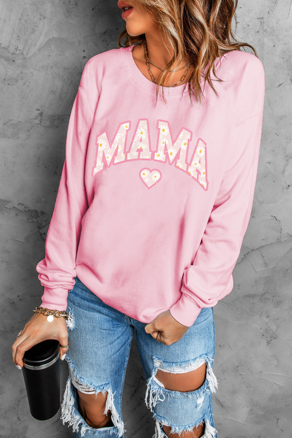 Pink Mama Letter Print Daisy Shading Sweatshirt Graphic Sweatshirts JT's Designer Fashion