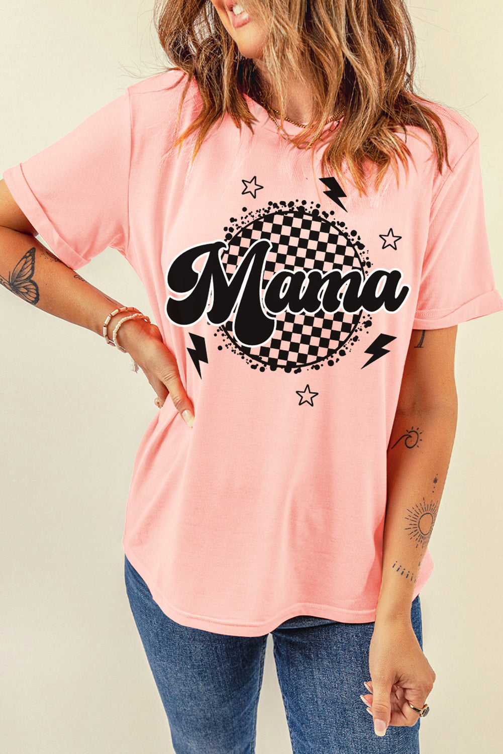 Pink Mama Checkered Print Crew Neck T Shirt Graphic Tees JT's Designer Fashion