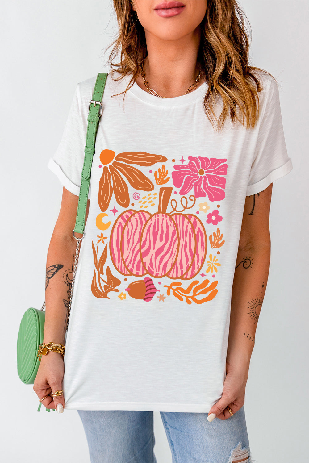 White Floral Pumpkin Printed Crewneck Thanksgiving T Shirt Graphic Tees JT's Designer Fashion