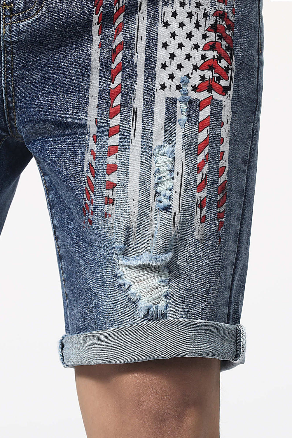 Blue American Flag Graphic Print Distressed Men's Denim Shorts Men's Pants JT's Designer Fashion