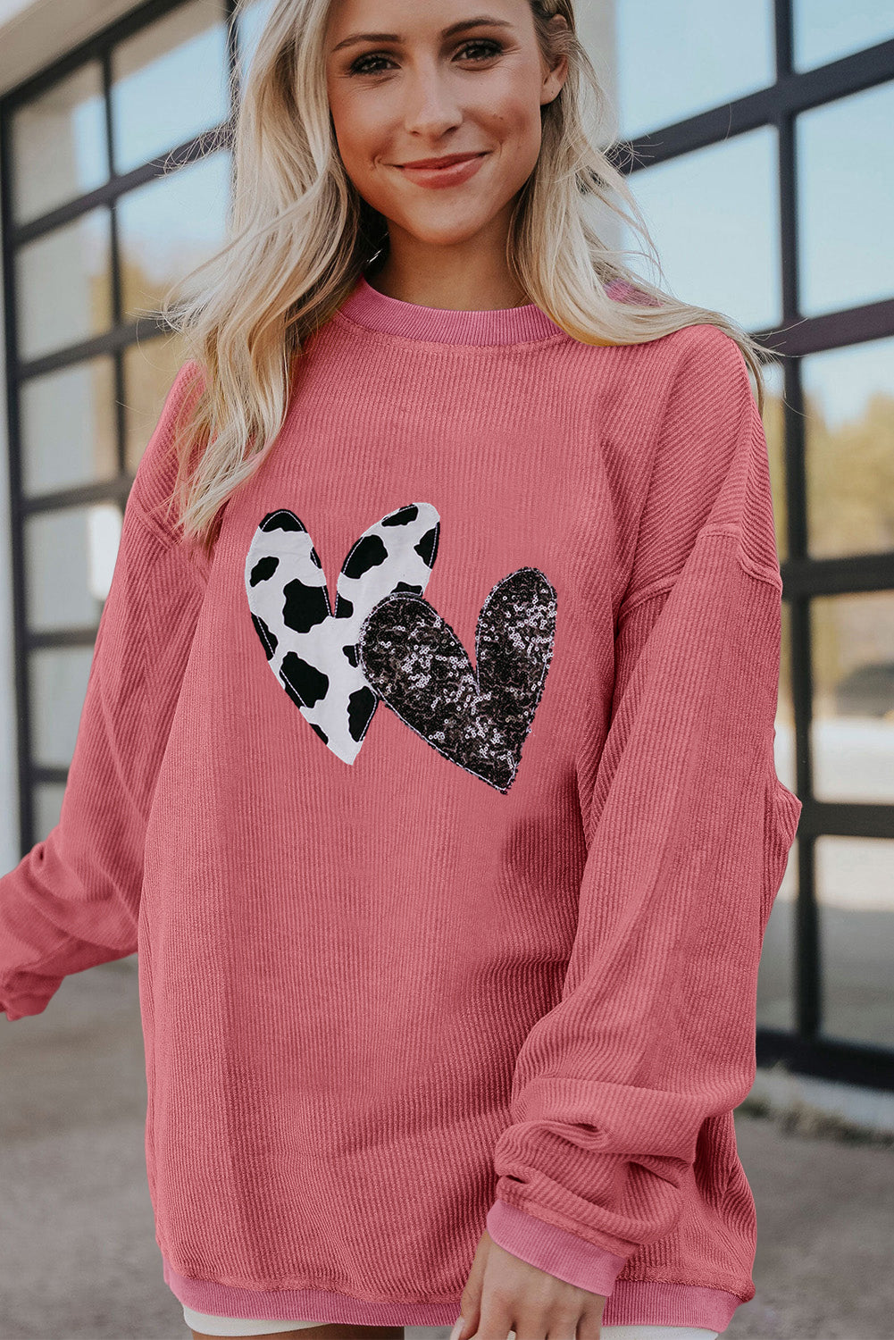 Strawberry Pink Leopard Sequin Heart Graphic Corded Sweatshirt Graphic Sweatshirts JT's Designer Fashion