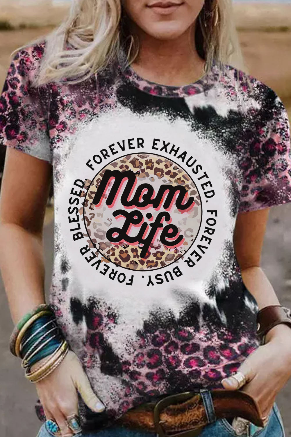 Pink Mom Life Slogan Leopard Bleached Graphic Tee Graphic Tees JT's Designer Fashion