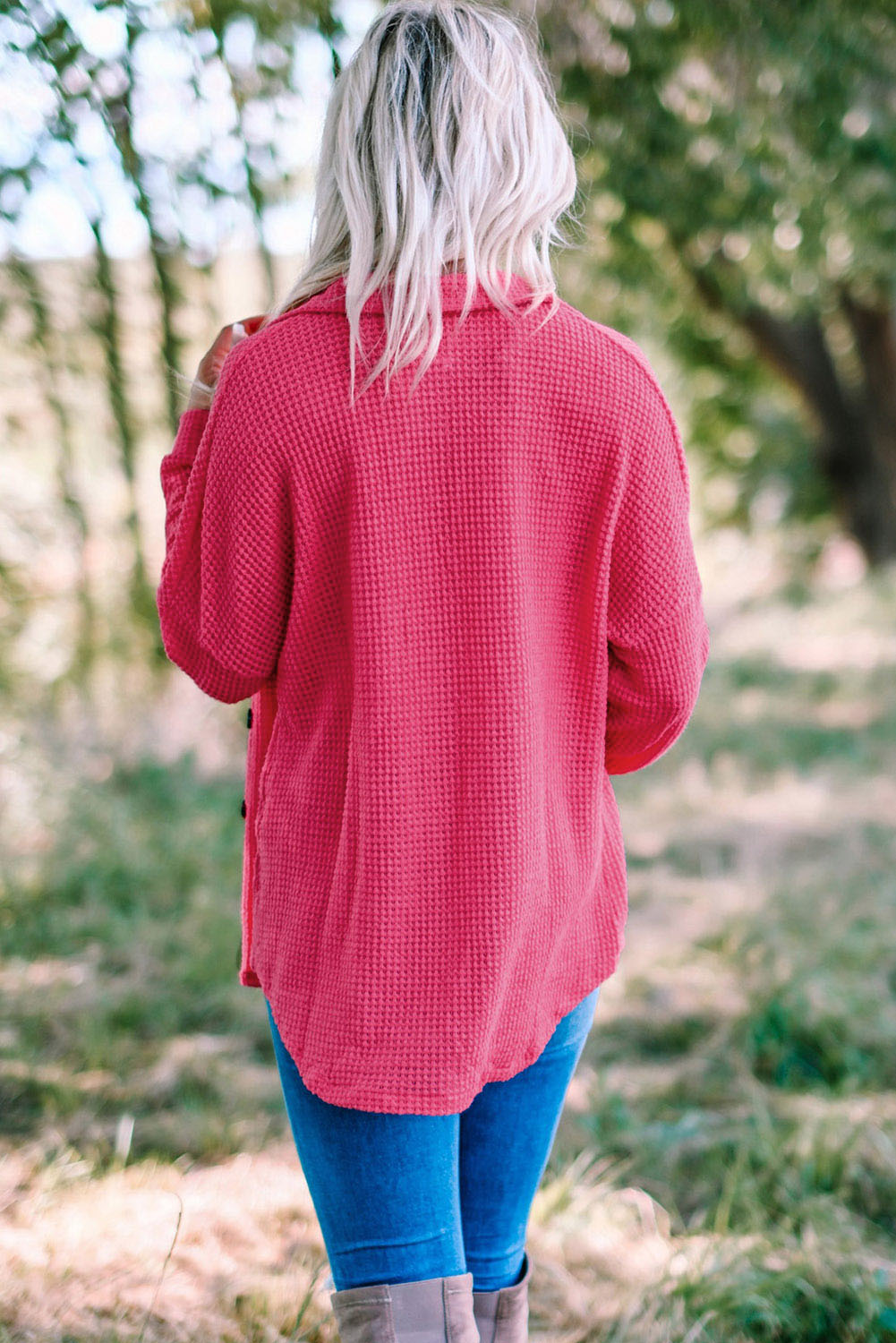 Pink Waffle Knit Button Up Casual Shirt Blouses & Shirts JT's Designer Fashion