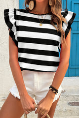 Black Stripe Flutter Sleeve Round Neck T Shirt Pre Order Tops JT's Designer Fashion