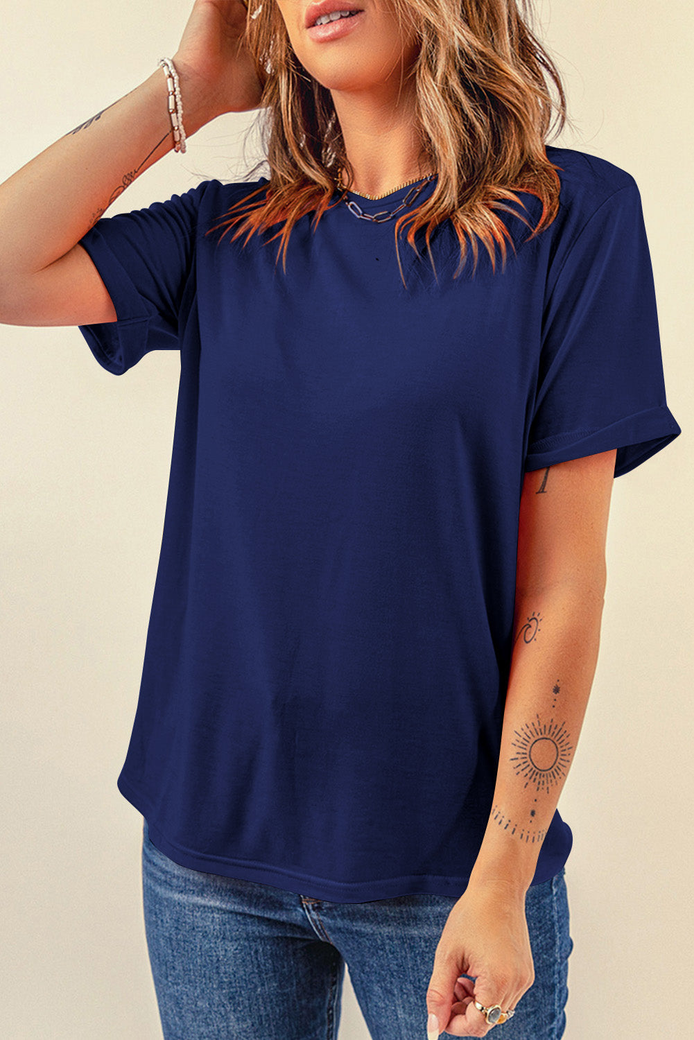 Blue Casual Plain Crew Neck Tee Tops & Tees JT's Designer Fashion