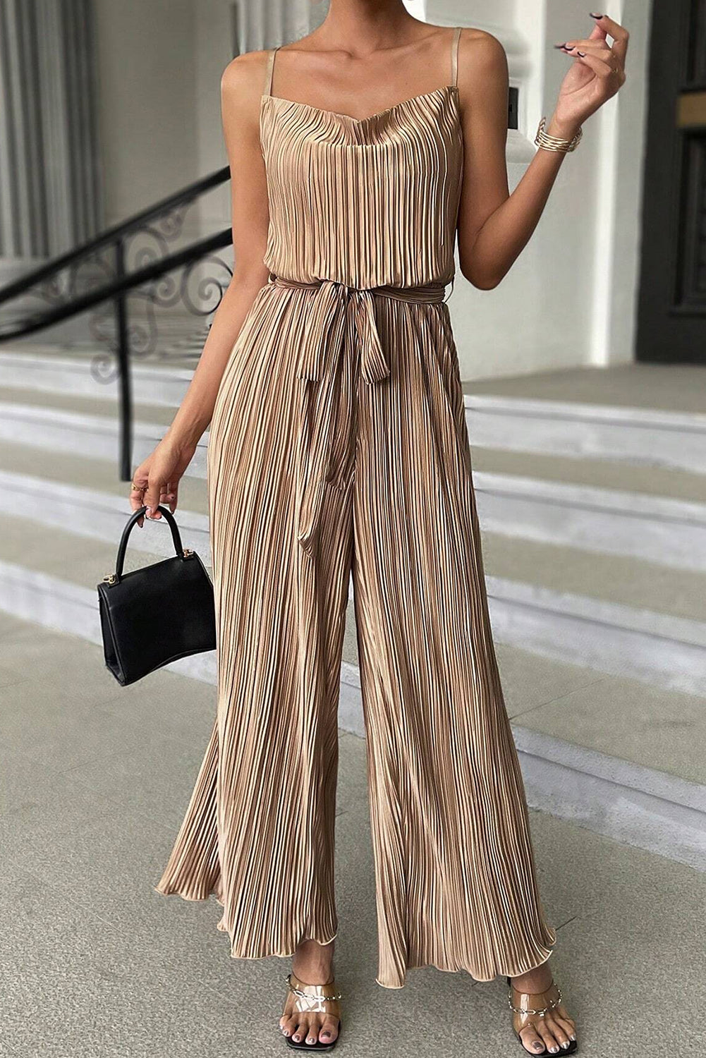 Light French Beige Spaghetti Straps Drape Front Pleated Wide Leg Jumpsuit Pre Order Bottoms JT's Designer Fashion