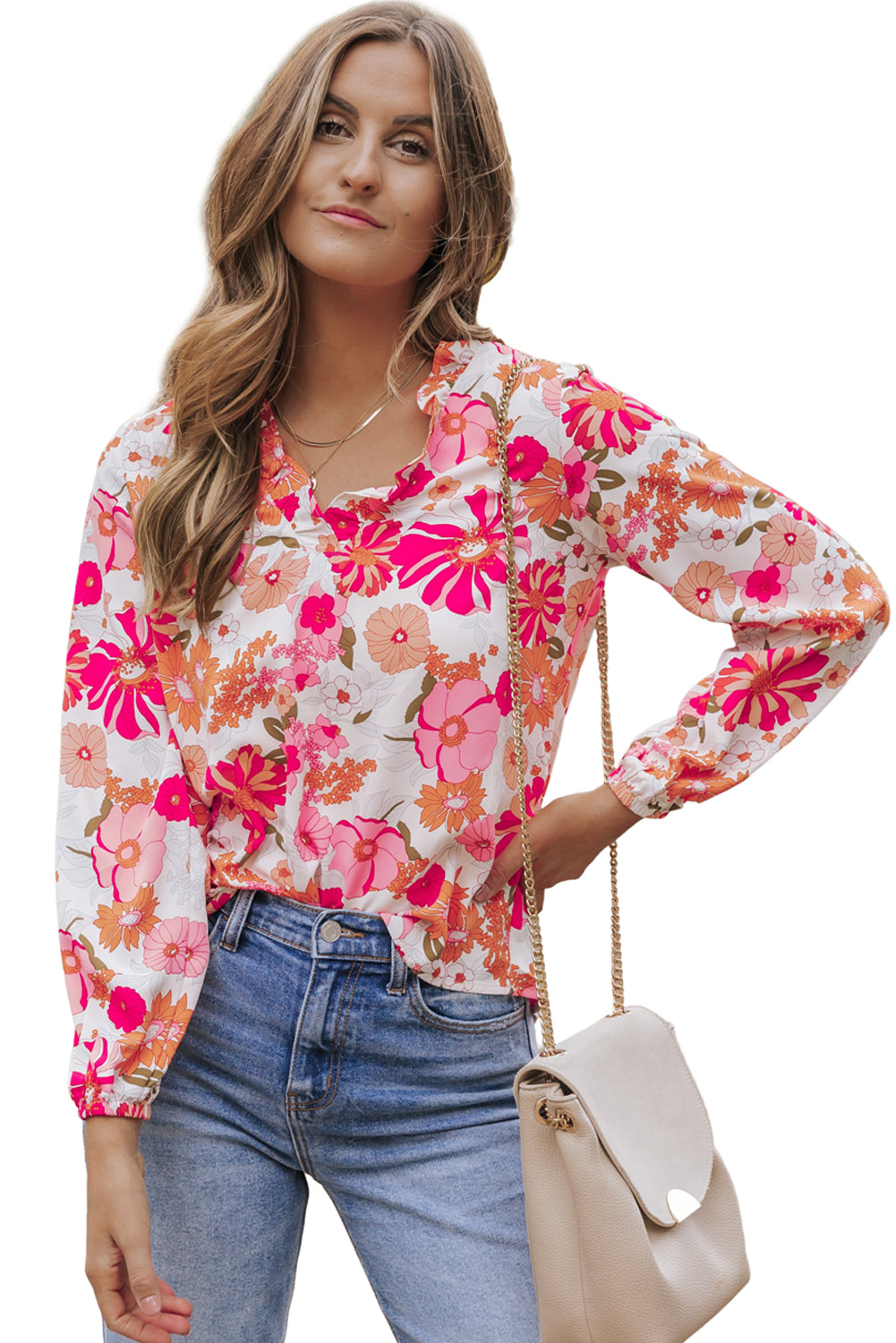 Bright White Floral Print Split V Neck Blouse Blouses & Shirts JT's Designer Fashion