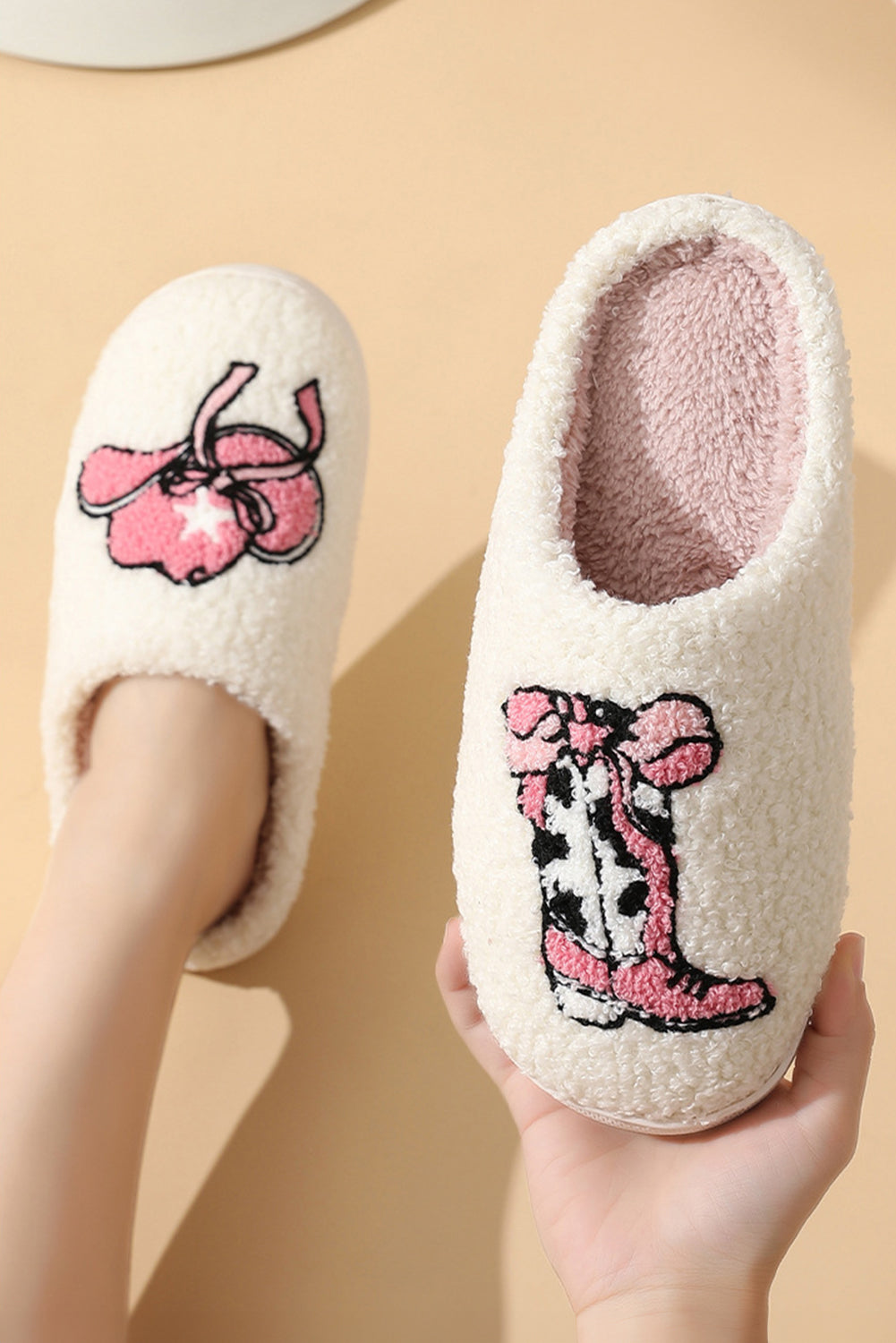 White Cowgirl Hat & Boot Printed Plush Thermal Home Slippers Slippers JT's Designer Fashion