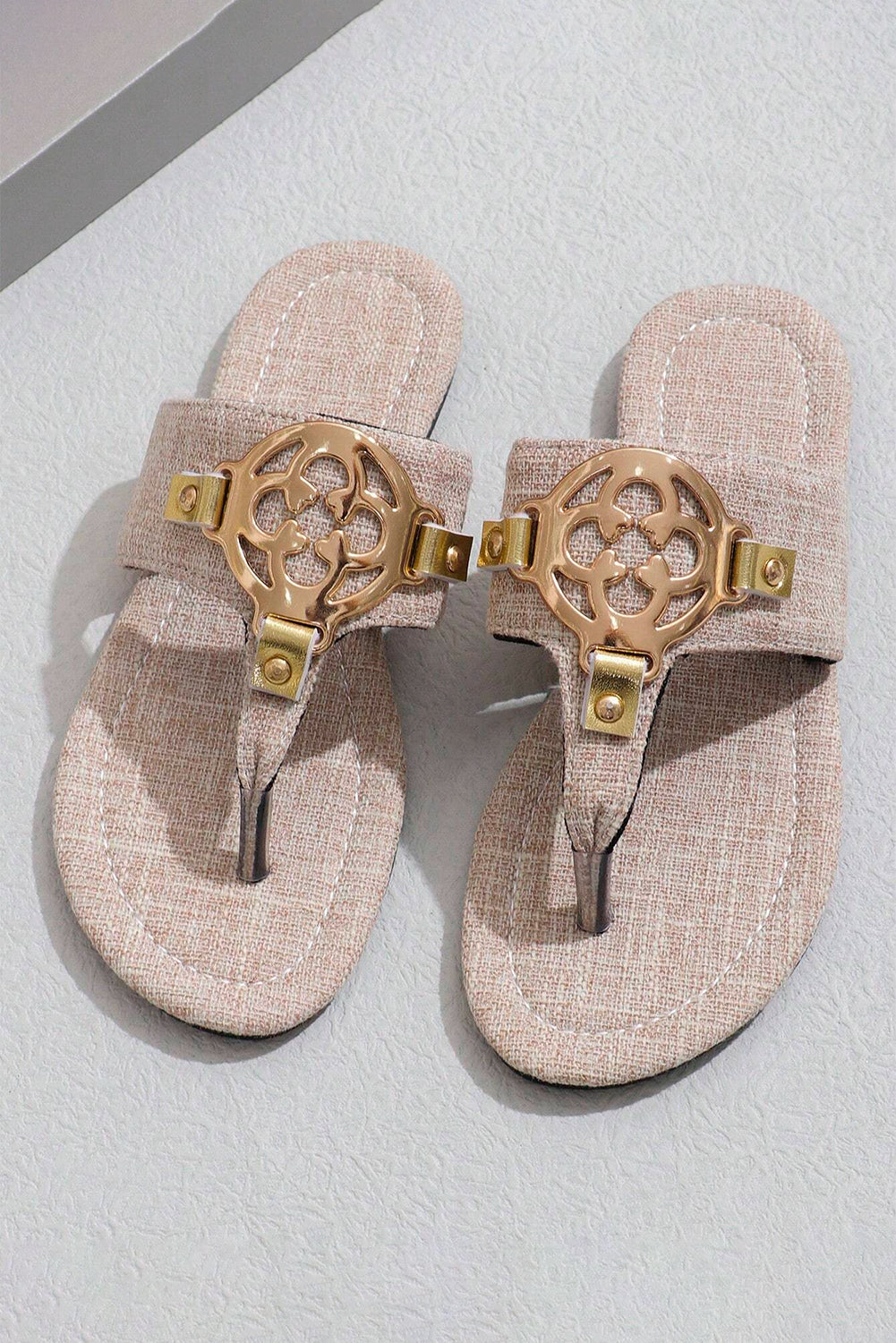 Beige Metal Décor Leather Thong Slippers Slippers JT's Designer Fashion