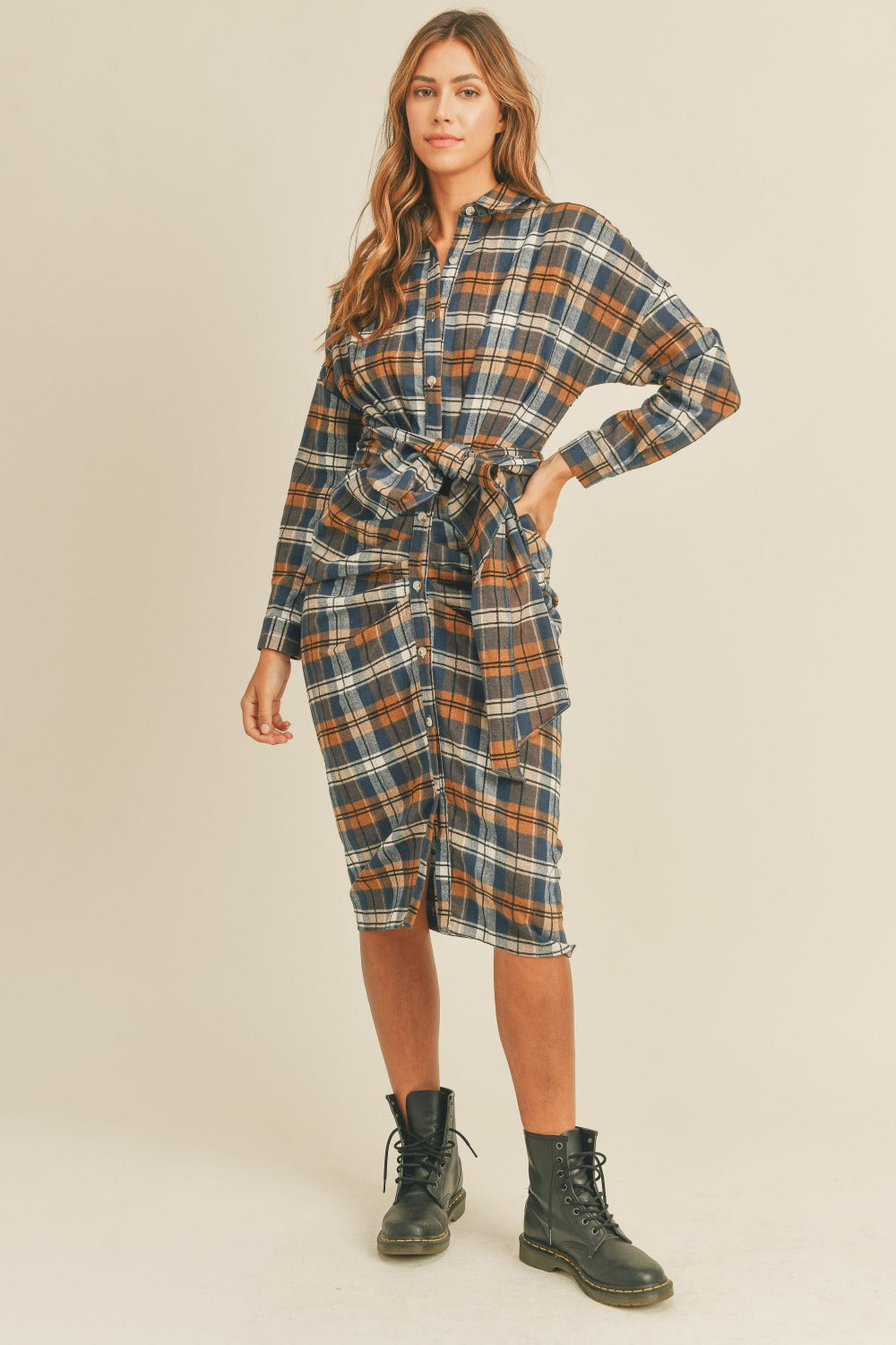 Plaid Flannel Front Tie Button Down Shirt Dress Camel T Shirt Dresses JT's Designer Fashion