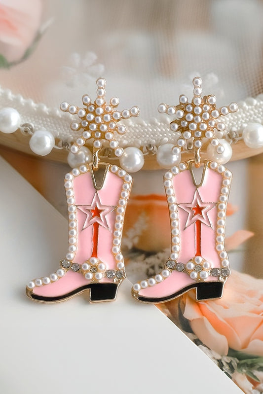 Strawberry Pink Pearl Decor Boots Shape Dangle Stud Earrings Jewelry JT's Designer Fashion