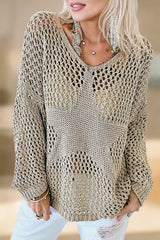 Light French Beige Star Pointelle Knit Baggy Sweater Sweaters & Cardigans JT's Designer Fashion
