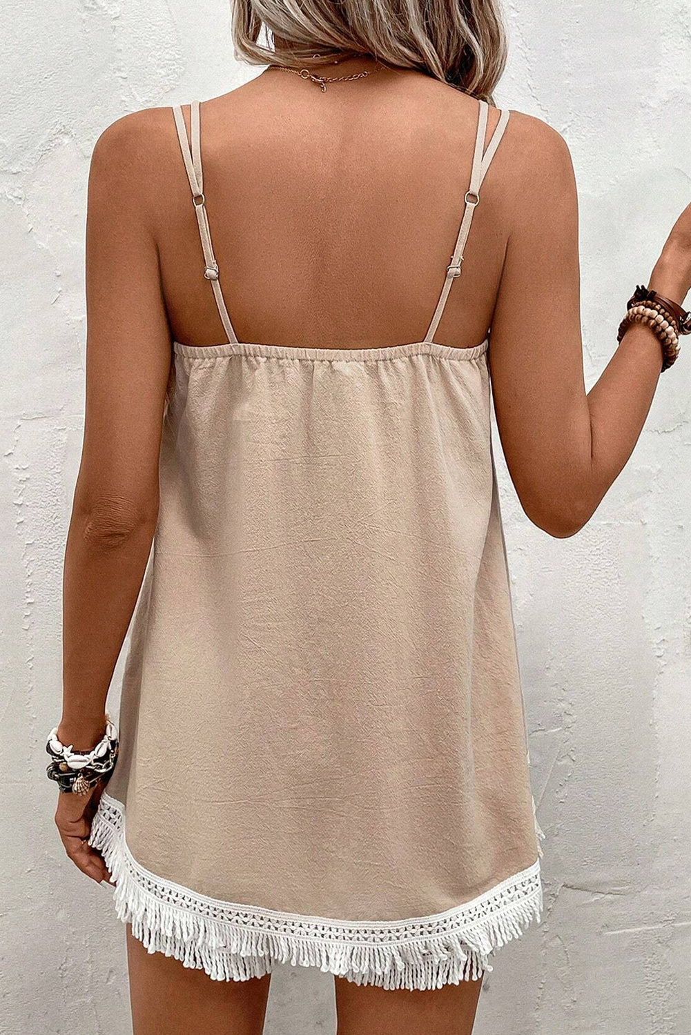 Pale Khaki Fringe Crochet Double Strap Tank Top and Shorts Set Short Sets JT's Designer Fashion