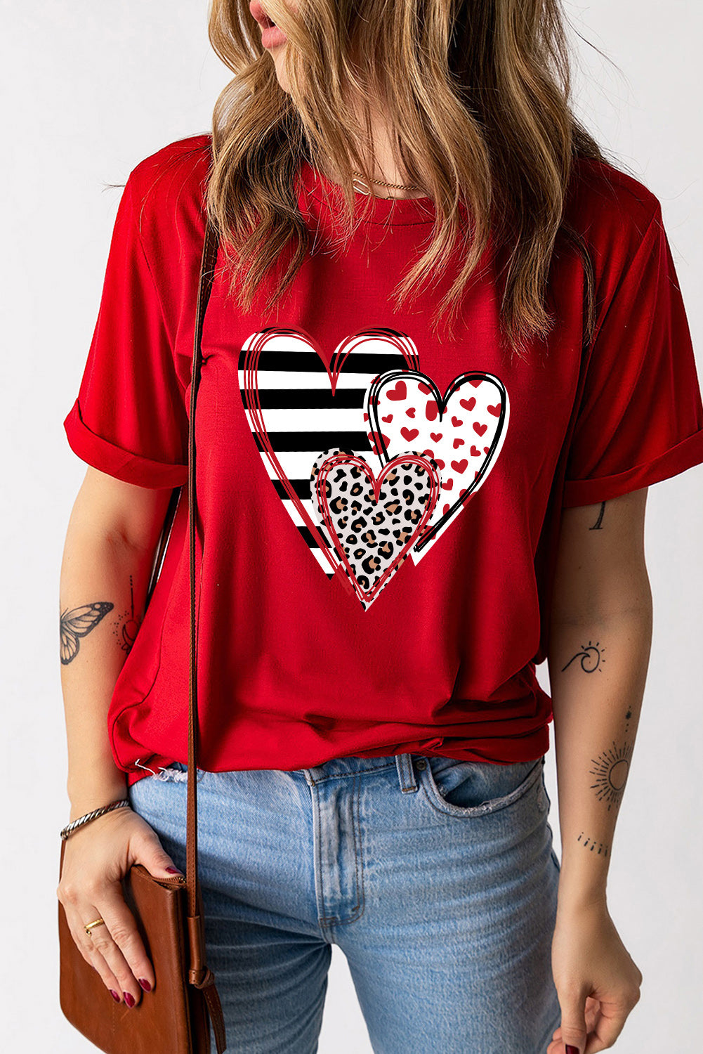 Red Leopard Striped Heart Shaped Print Crew Neck T Shirt Graphic Tees JT's Designer Fashion