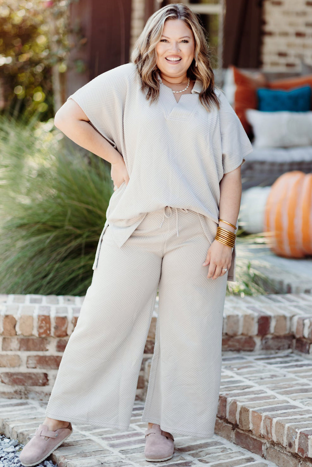 Beige Plus Size Textured Collared Top and Pants Set Plus Size JT's Designer Fashion