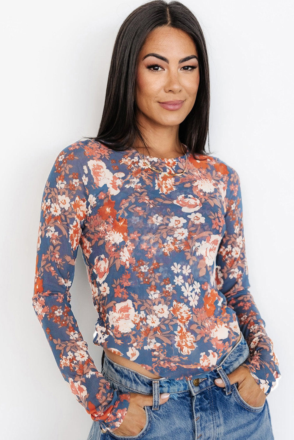 Orchid Petal Floral Print Mesh Fitted Long Sleeve Top Long Sleeve Tops JT's Designer Fashion