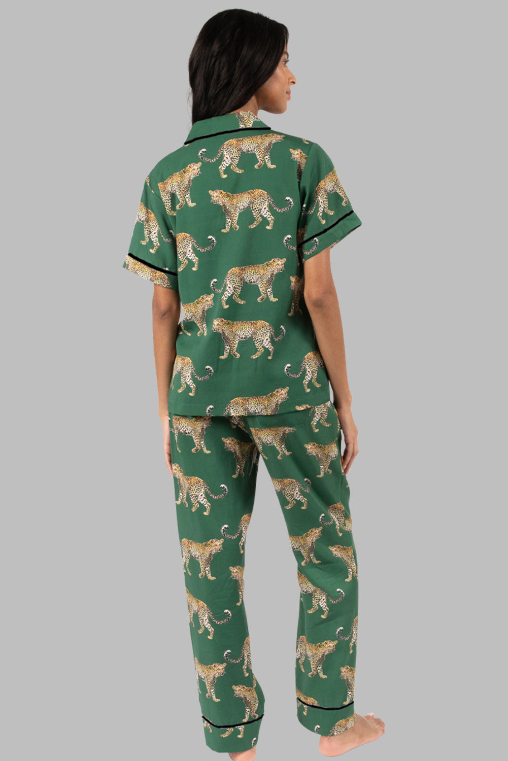 Green Cheetah Print Short Sleeve Shirt and Pants Pajama Set Pre Order Bottoms JT's Designer Fashion