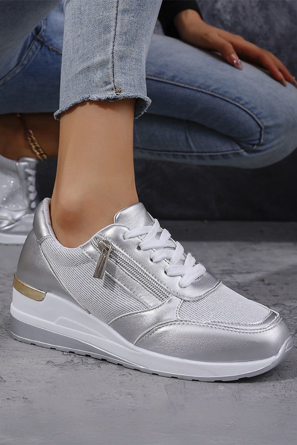 Silvery Leather Patchwork Zipper Lace-up Sneakers Women's Shoes JT's Designer Fashion