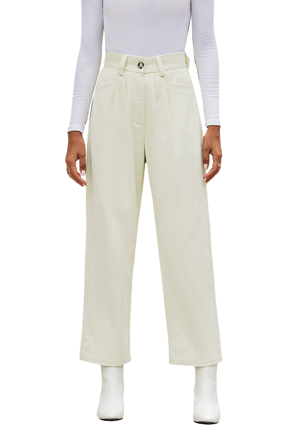 Beige Corduroy High Waist Straight Leg Pants Pants & Culotte JT's Designer Fashion