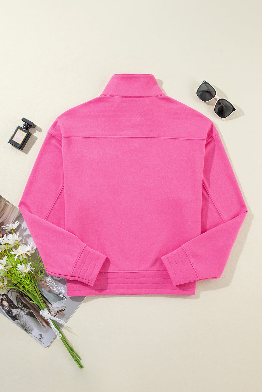 Bright Pink Vintage Mineral Wash Half Button Collared Sweatshirt Sweatshirts & Hoodies JT's Designer Fashion