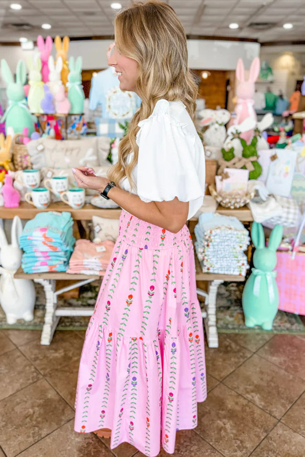 Pink Printed Smocked Tiered Maxi Skirt Bottoms JT's Designer Fashion