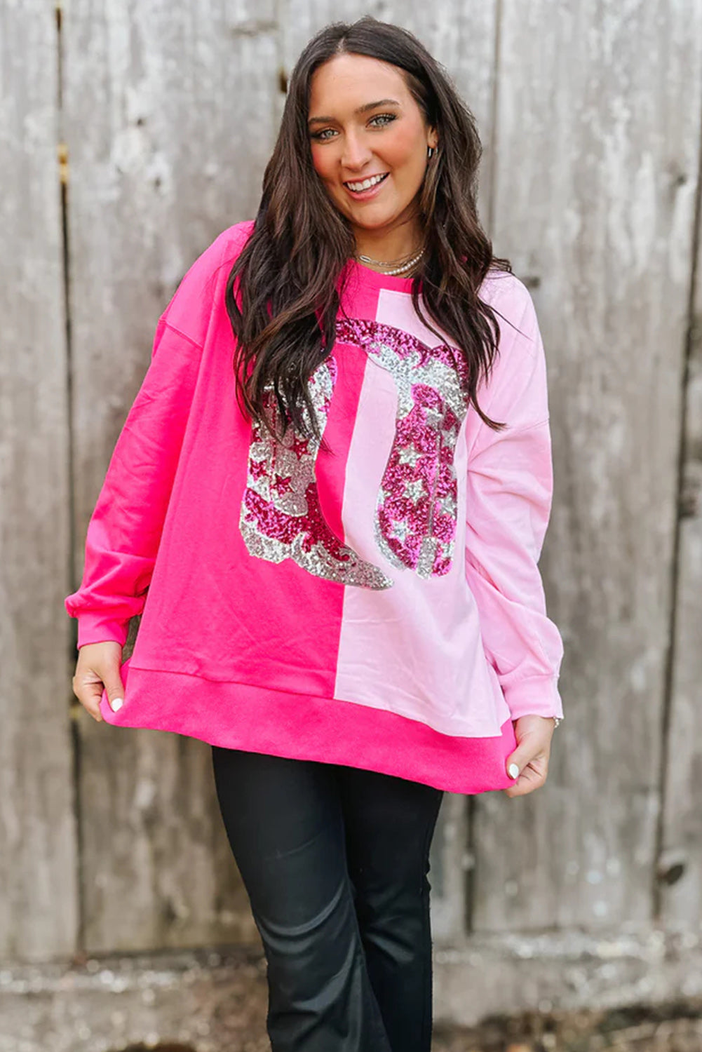 Pink Color Block Sequined Cowgirl Boots Graphic Sweatshirt Sweatshirts & Hoodies JT's Designer Fashion