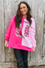 Pink Color Block Sequined Cowgirl Boots Graphic Sweatshirt Sweatshirts & Hoodies JT's Designer Fashion