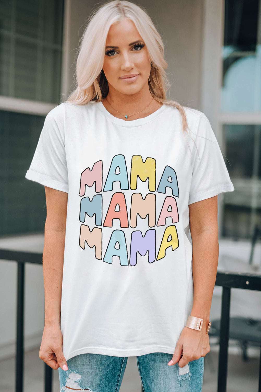 White MAMA Slogan Print Crew Neck Casual T Shirt Graphic Tees JT's Designer Fashion