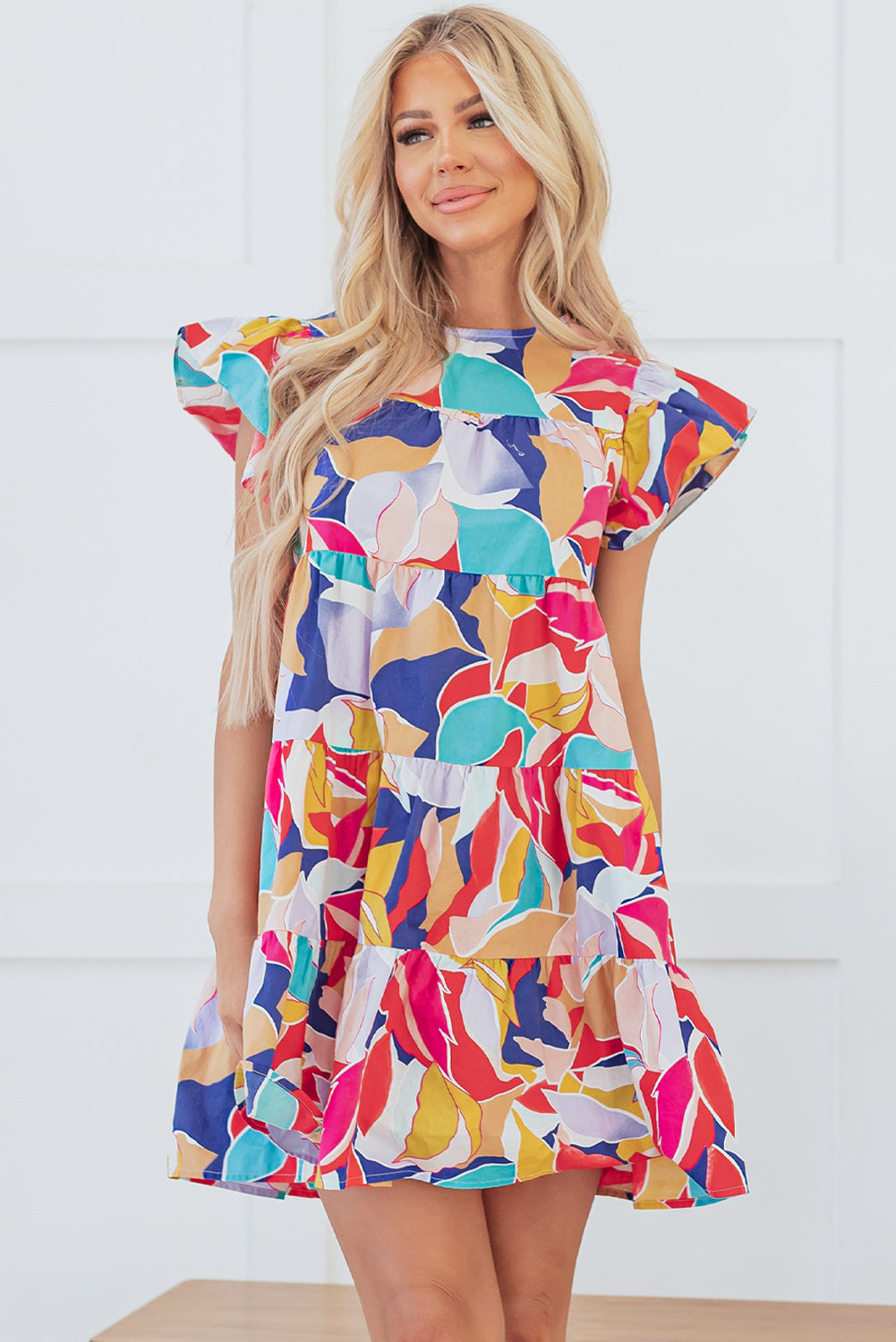 Pink Abstract Printed Ruffled Flutter Sleeve Tiered Mini Dress Mini Dresses JT's Designer Fashion