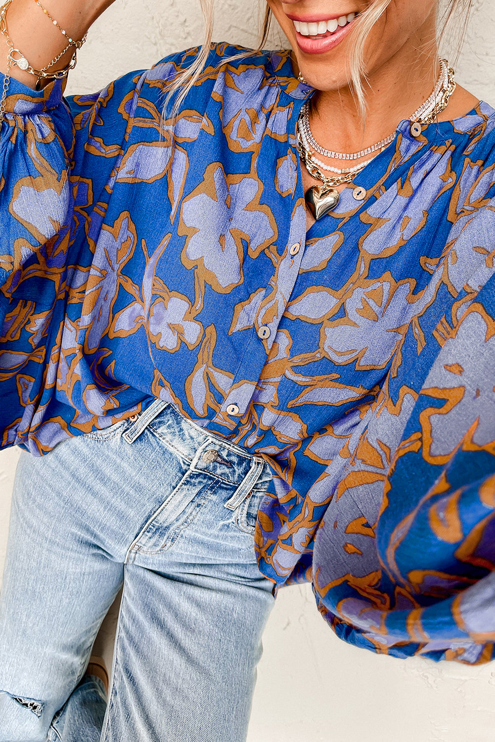 Blue Floral Print Batwing Sleeve Buttoned Loose Fit Shirt Blouses & Shirts JT's Designer Fashion