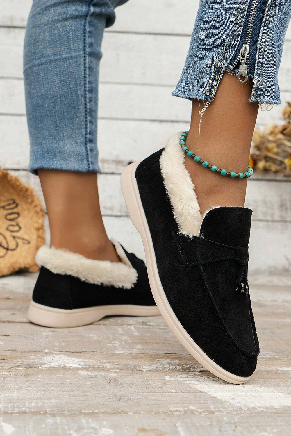 Black Suede Furry Lined Slip on Flat Shoes Women's Shoes JT's Designer Fashion