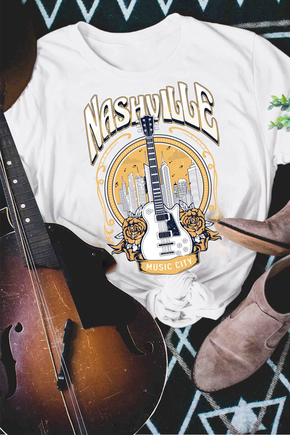 White Music City NASHVILLE Guitar Graphic T Shirt Graphic Tees JT's Designer Fashion