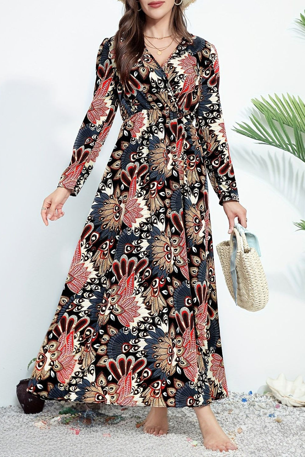 Black Floral Print V Neck Wrap High Waist Maxi Dress Black 100%Polyester Maxi Dresses JT's Designer Fashion