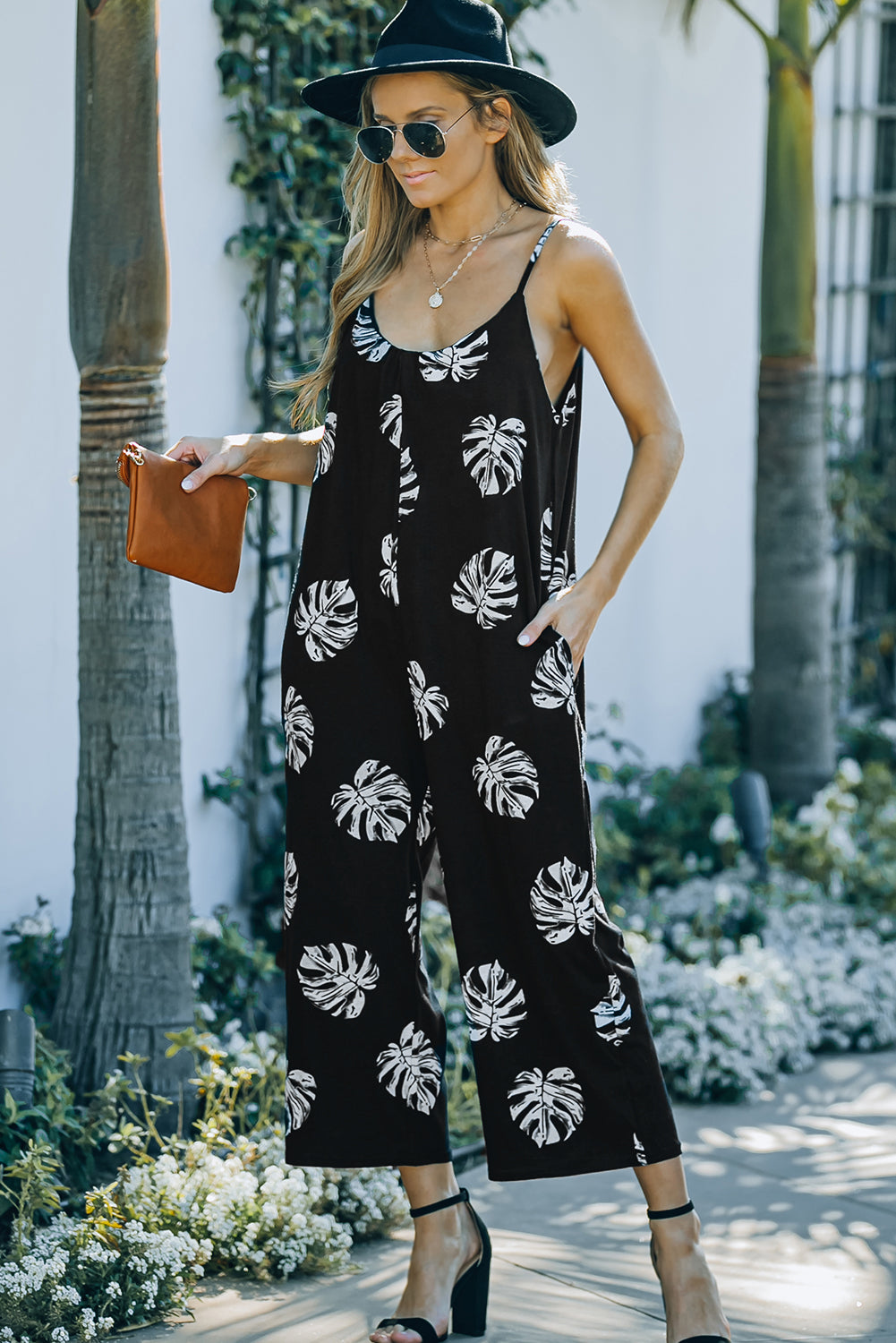 Black Palm Leaves Print Spaghetti Strap Wide Leg Jumpsuit Jumpsuits & Rompers JT's Designer Fashion