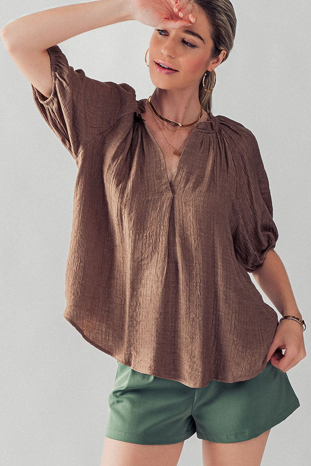 Chicory Coffee Frill Split Neck Puff Sleeve Crinkle Blouse Tops & Tees JT's Designer Fashion