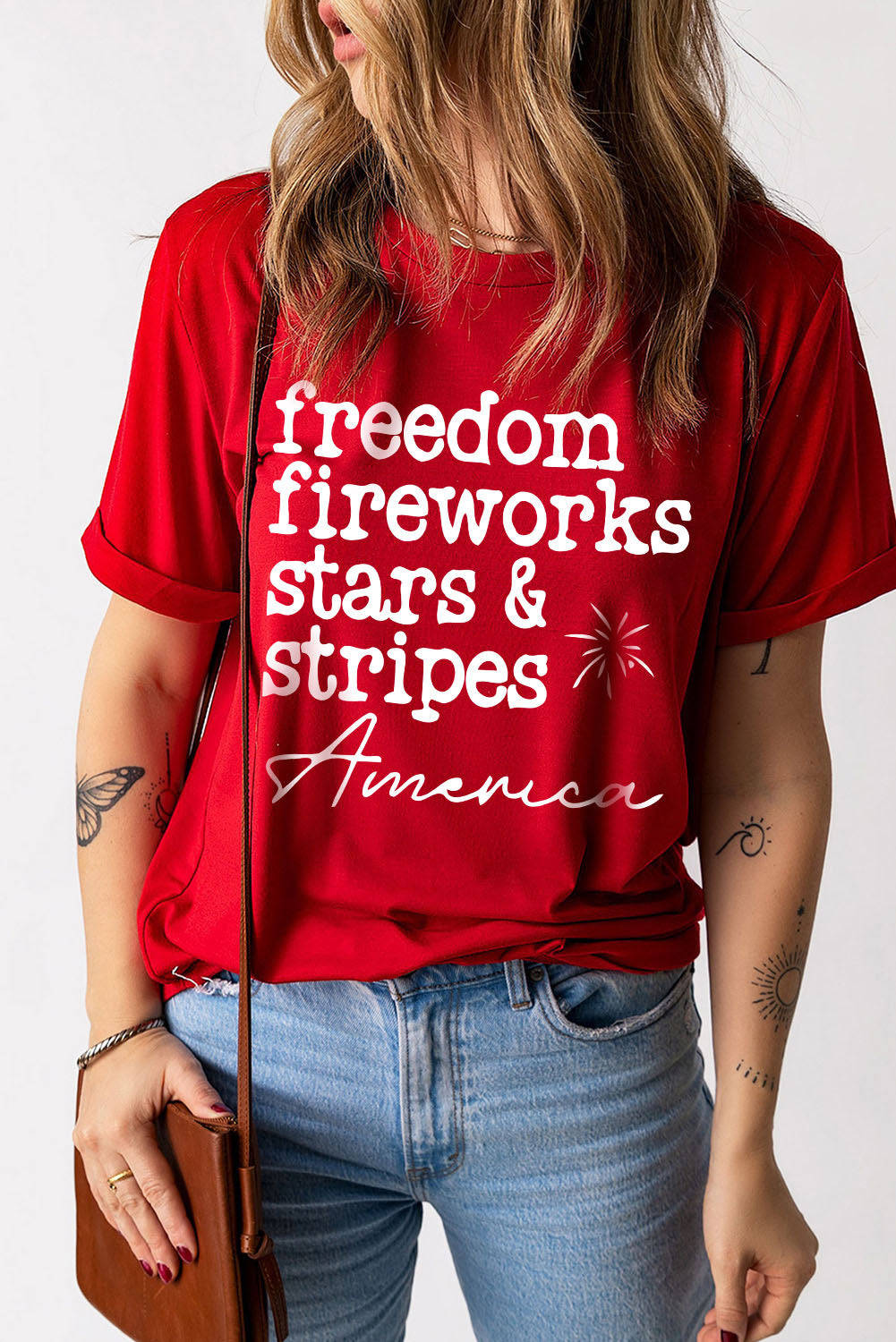 Fiery Red American Freedom Day Slogan Print T Shirt Red-2 95%Polyester+5%Elastane Graphic Tees JT's Designer Fashion