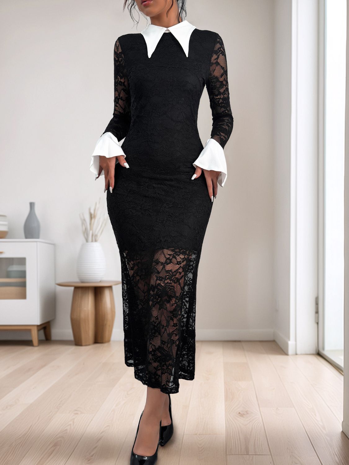 Perfee Lace Contrast Collared Neck Long Sleeve Midi Dress Midi Dresses JT's Designer Fashion