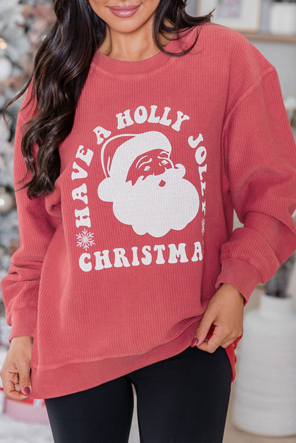 Strawberry Pink HAVE A HOLLY JOLLY CHRISTMAS Corded Sweatshirt Strawberry Pink 100%Polyester Graphic Sweatshirts JT's Designer Fashion