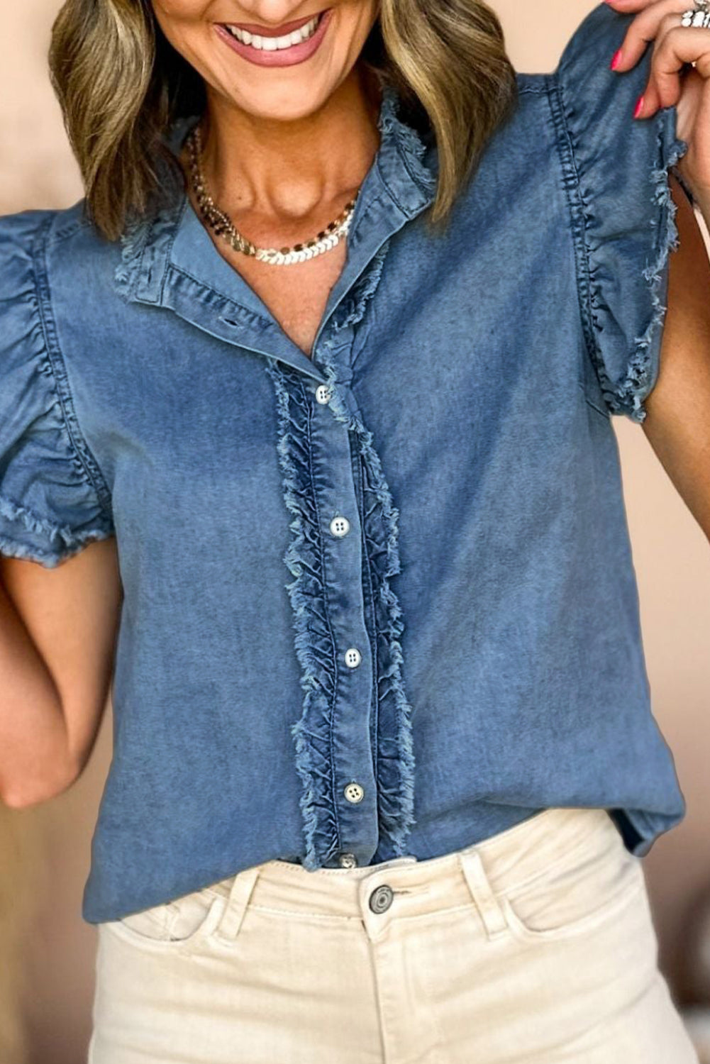 Ashleigh Blue Button Front Ruffled Flutter Frayed Denim Top Pre Order Tops JT's Designer Fashion