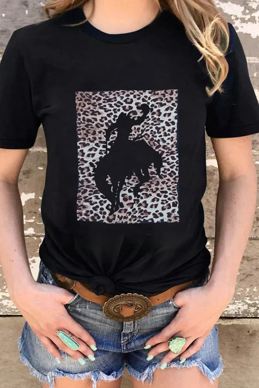 Black Leopard Hollowed Cowboy Graphic T-shirt Graphic Tees JT's Designer Fashion