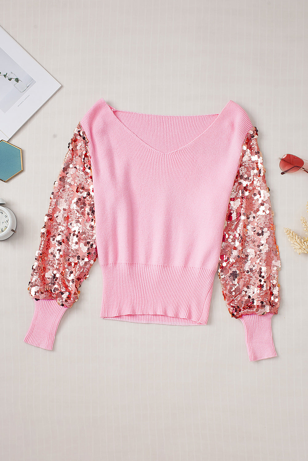 Pink Contrast Sequin Sleeve V Neck Ribbed Knit Sweater Sweaters & Cardigans JT's Designer Fashion