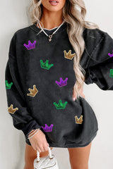 Black Mardi Gras Crown Sequin Patch Corded Baggy Sweatshirt Black 100%Polyester Graphic Sweatshirts JT's Designer Fashion
