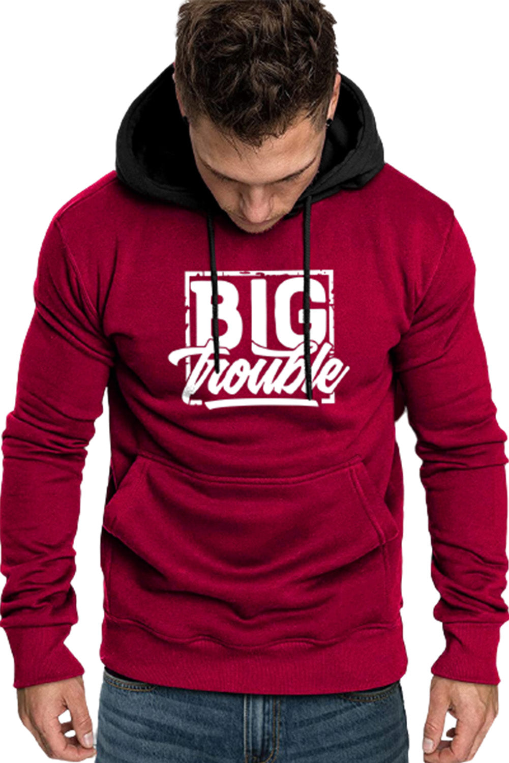 Fiery Red Men's Letter Print Pocketed Color Block Long Sleeve Hoodie Men's Tops JT's Designer Fashion
