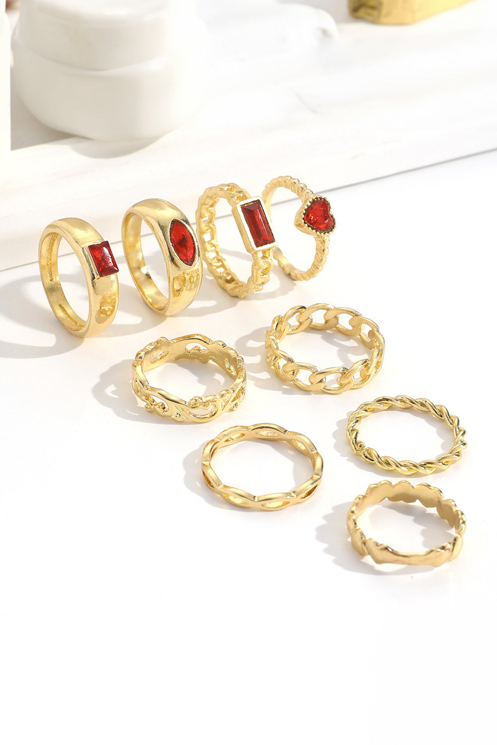 Fiery Red Faux Gem Inlay Heart Shape Alloy Ring Set Jewelry JT's Designer Fashion