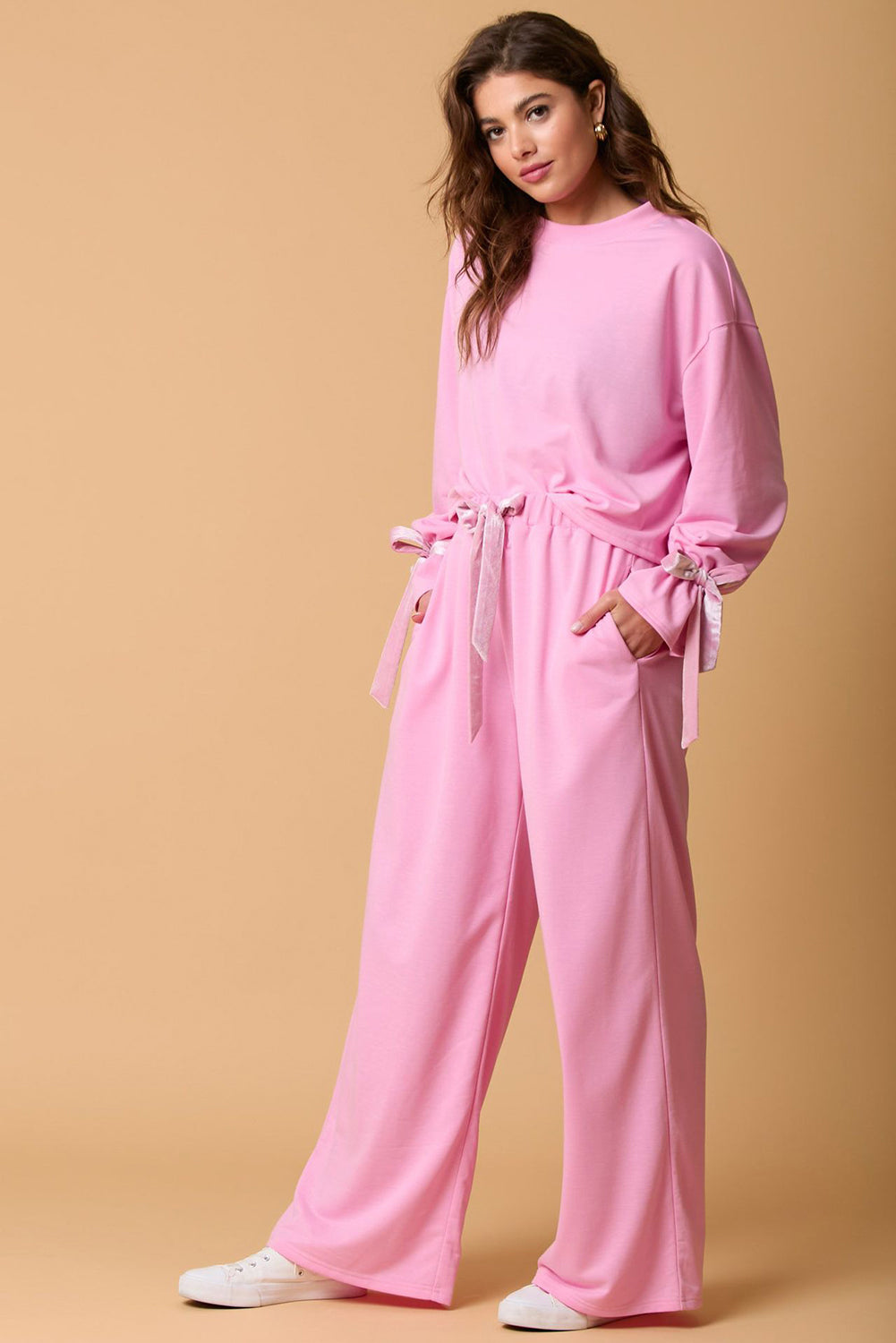 Bonbon Solid Color Drawstring Long Sleeve Top and Pants Set Pant Sets JT's Designer Fashion